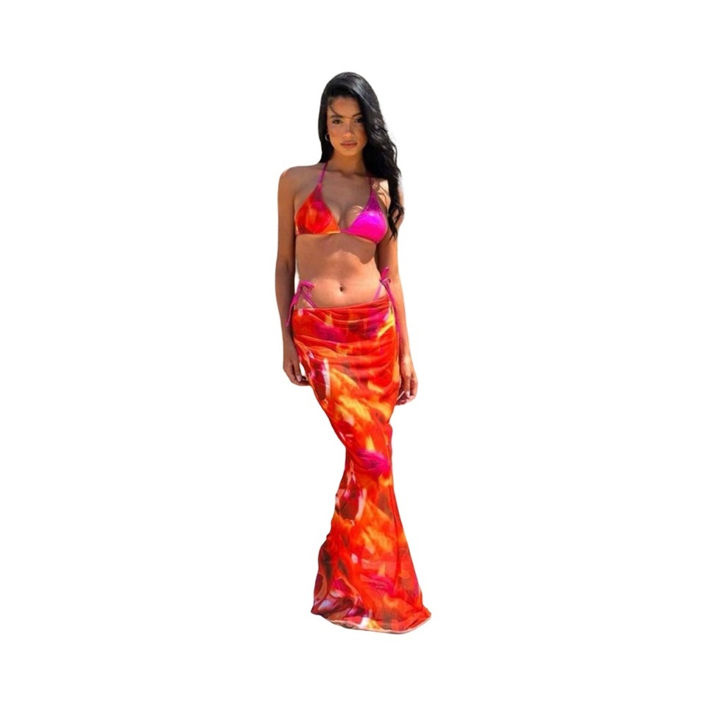 Pink and Orange Bikini Set with Skirt